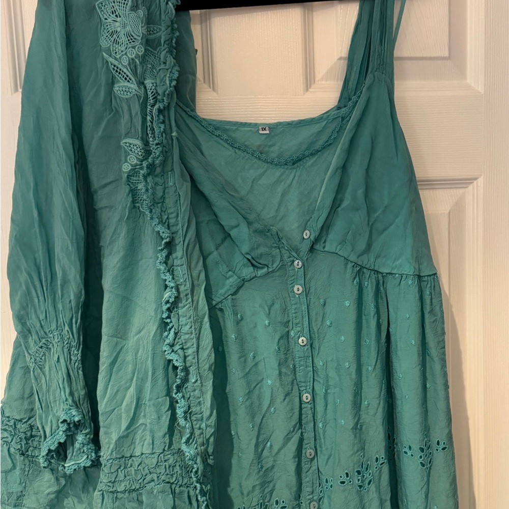 Johnny Was Teal Long Sleeve Dress - 3 Piece (slip, dress, over top) - Picture 2 of 4